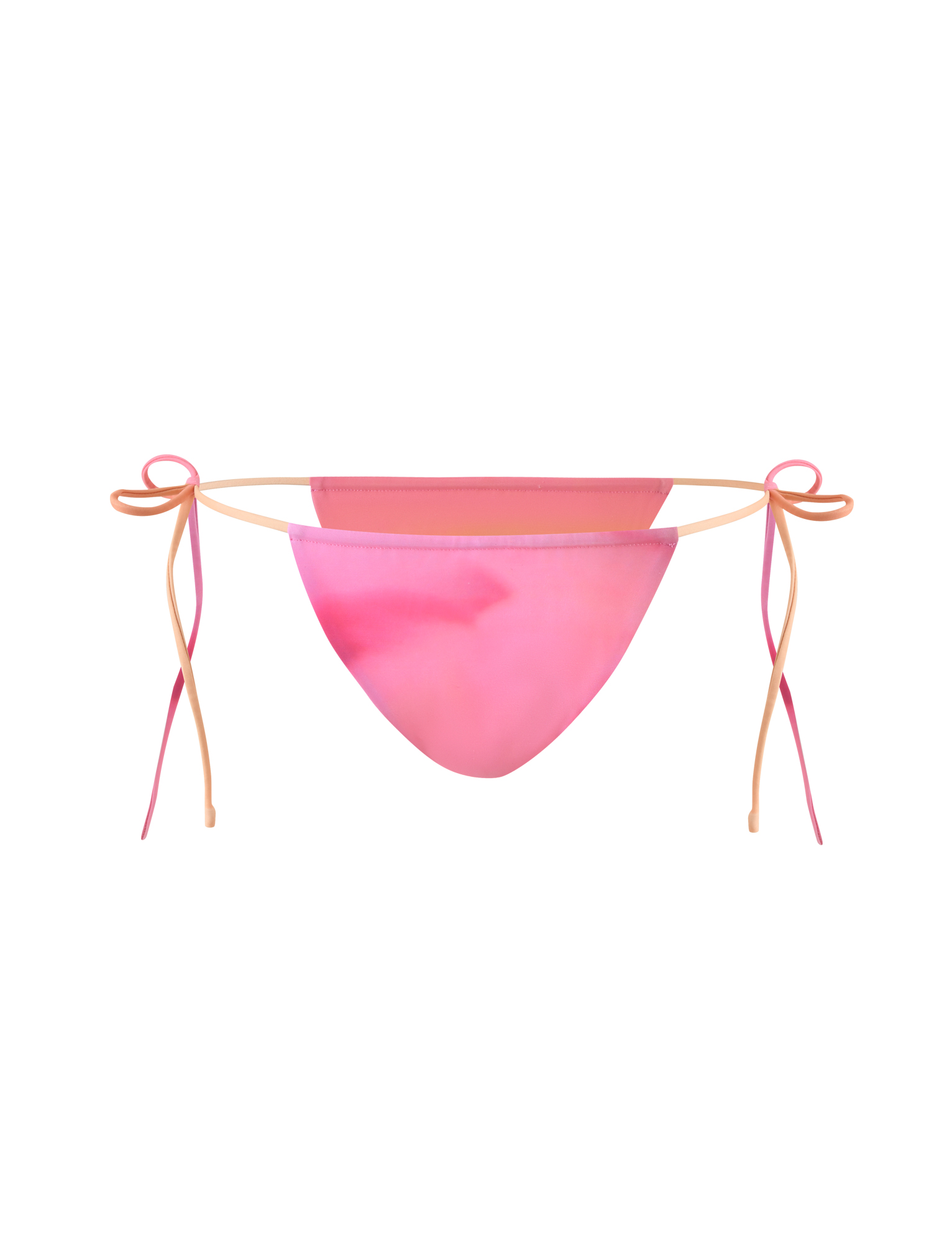 The KHESSA BIKINI BOTTOM - PINK HIBISCUS by TIGERMIST features cheeky coverage and thin peach and pink adjustable side ties in delicate bows, shown against a white background.