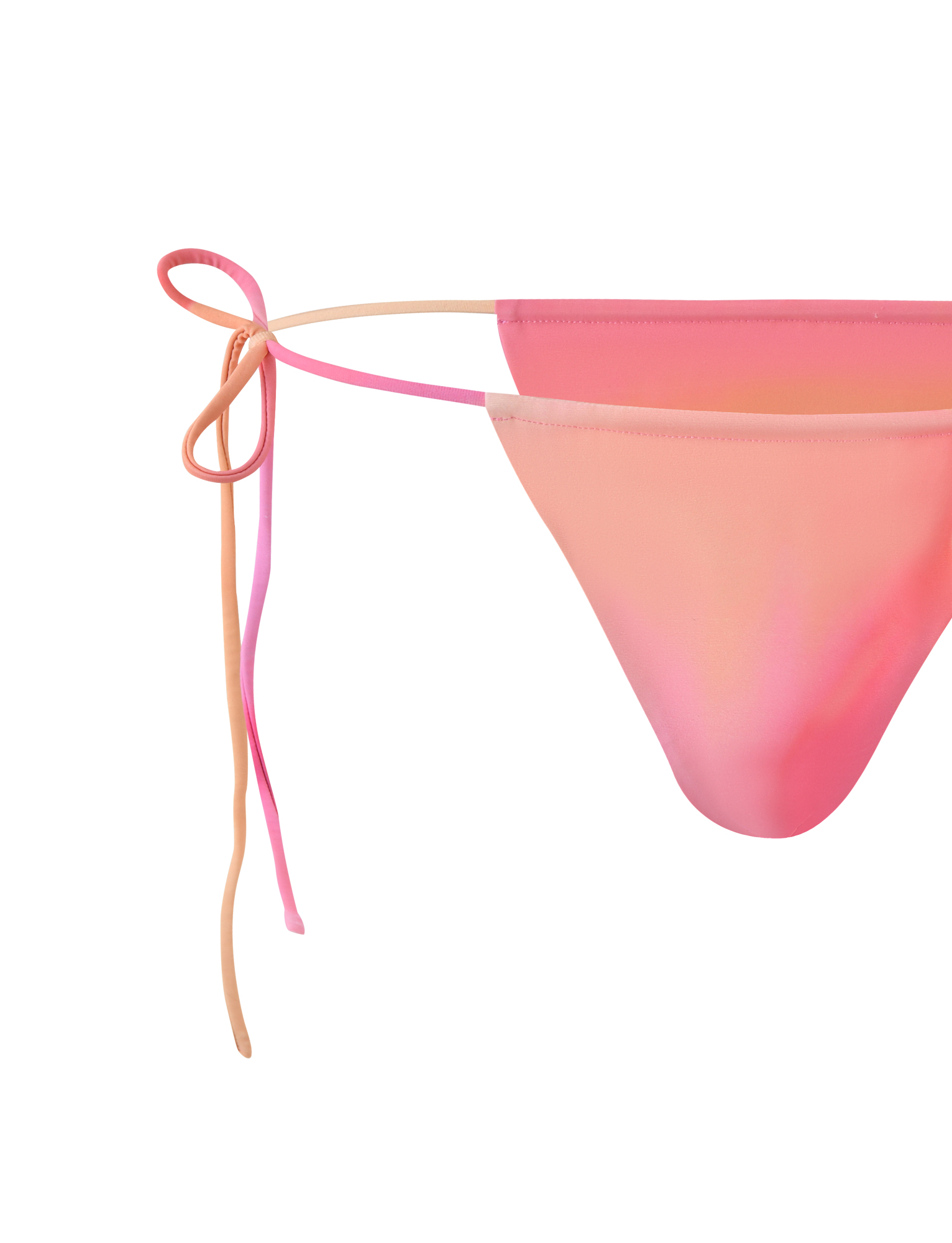 Close-up of the TIGERMIST KHESSA BIKINI BOTTOM - PINK HIBISCUS, featuring a pink and peach gradient, bodycon fit, and thin adjustable side ties, displayed on a white background.