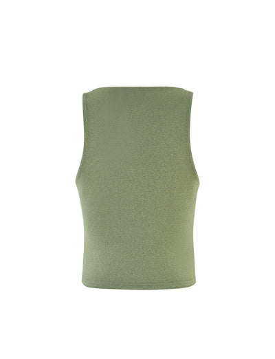 Image of the AMETHYST TOP - GREEN SPARKLE, a sleeveless, ribbed tank top by TIGERMIST. The photo showcases the back view of the top, highlighting its simple and seamless design. The fabric looks lightweight and stretchy.