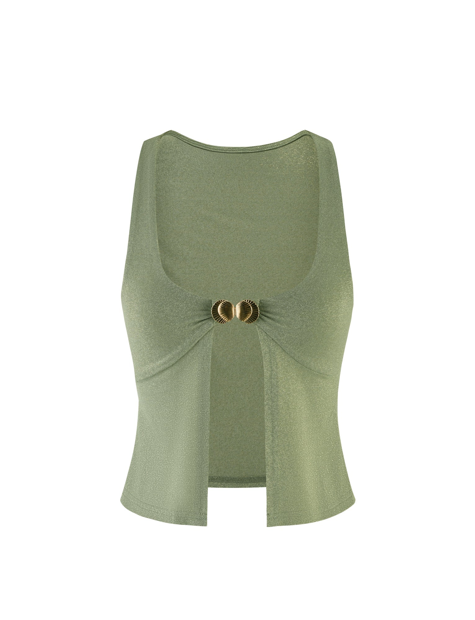 The Amethyst Top - Green by TigerMist is a sleeveless green crop top with a scoop neckline, featuring two gold rings at the center front that gather the fabric, creating a small keyhole cutout below. The top has a slightly shiny texture and is labeled as "Green Sparkle.