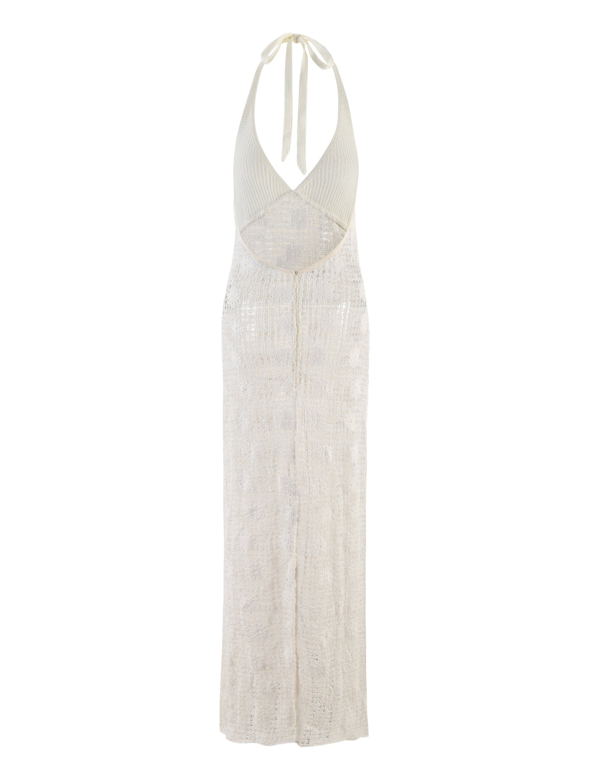 The ARDEEN DRESS - WHITE by TIGERMIST is a sleeveless, backless maxi dress featuring a halter neckline and a deep V-cut at the front. This elegant creation boasts sheer, lightweight fabric in light beige, adorned with a textured, knit-like pattern throughout.