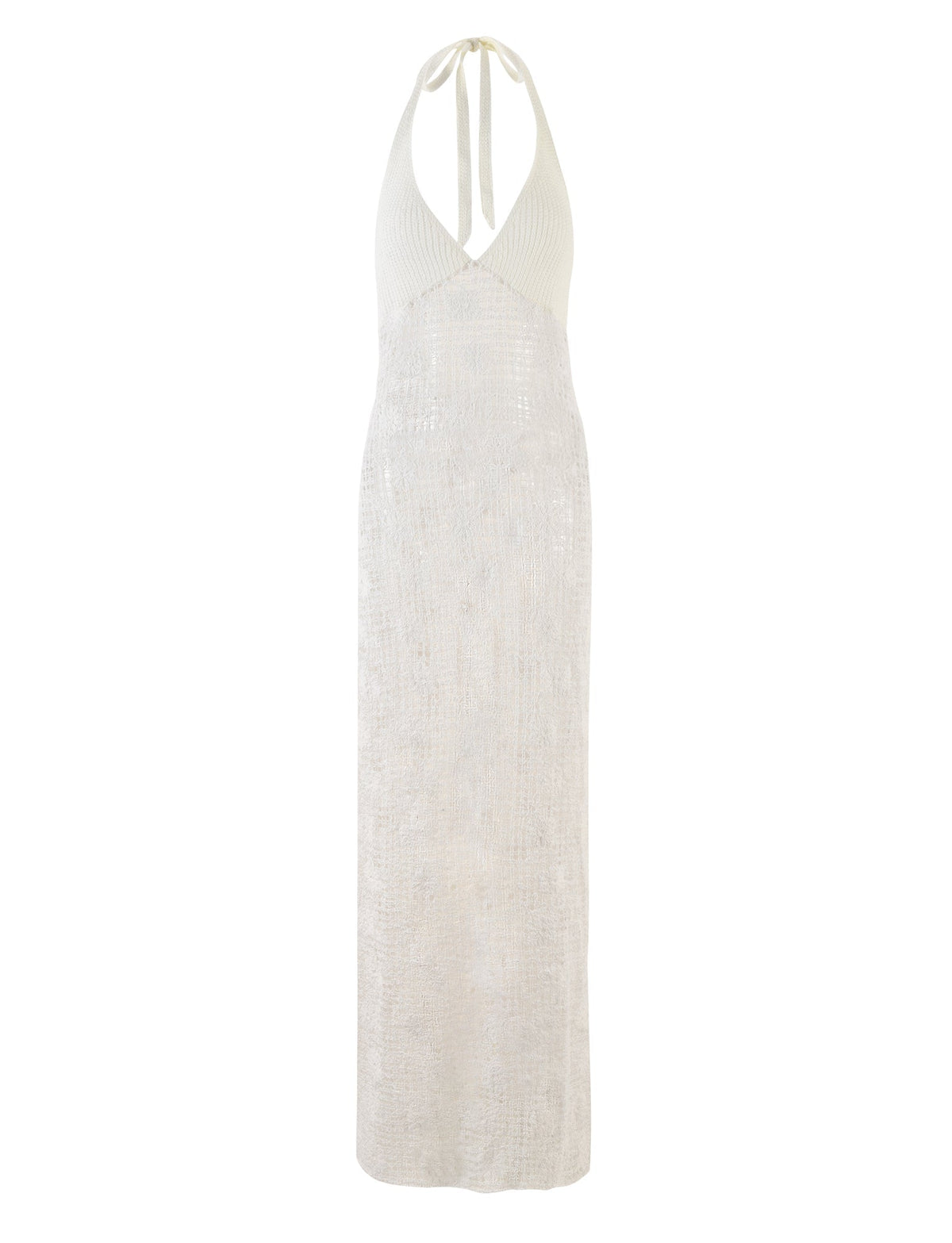 The ARDEEN DRESS - WHITE from TIGERMIST is a full-length halter dress featuring a deep V neckline, crafted from light, textured fabric. This design ties at the neck and showcases a fitted bodice that gracefully flows into a long, straight skirt.