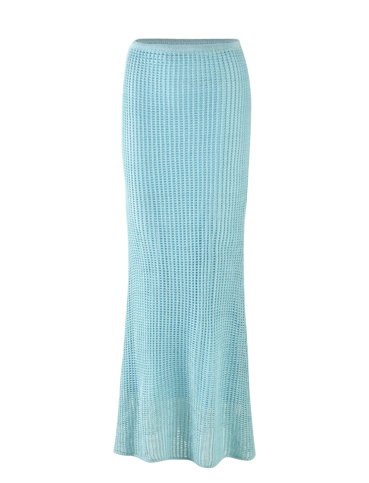 Introducing the SHAH Skirt from TIGERMIST. This pastel blue, ankle-length crocheted skirt is displayed against a white background and features a slightly flared hem along with a textured pattern, exuding an airy and elegant feel.