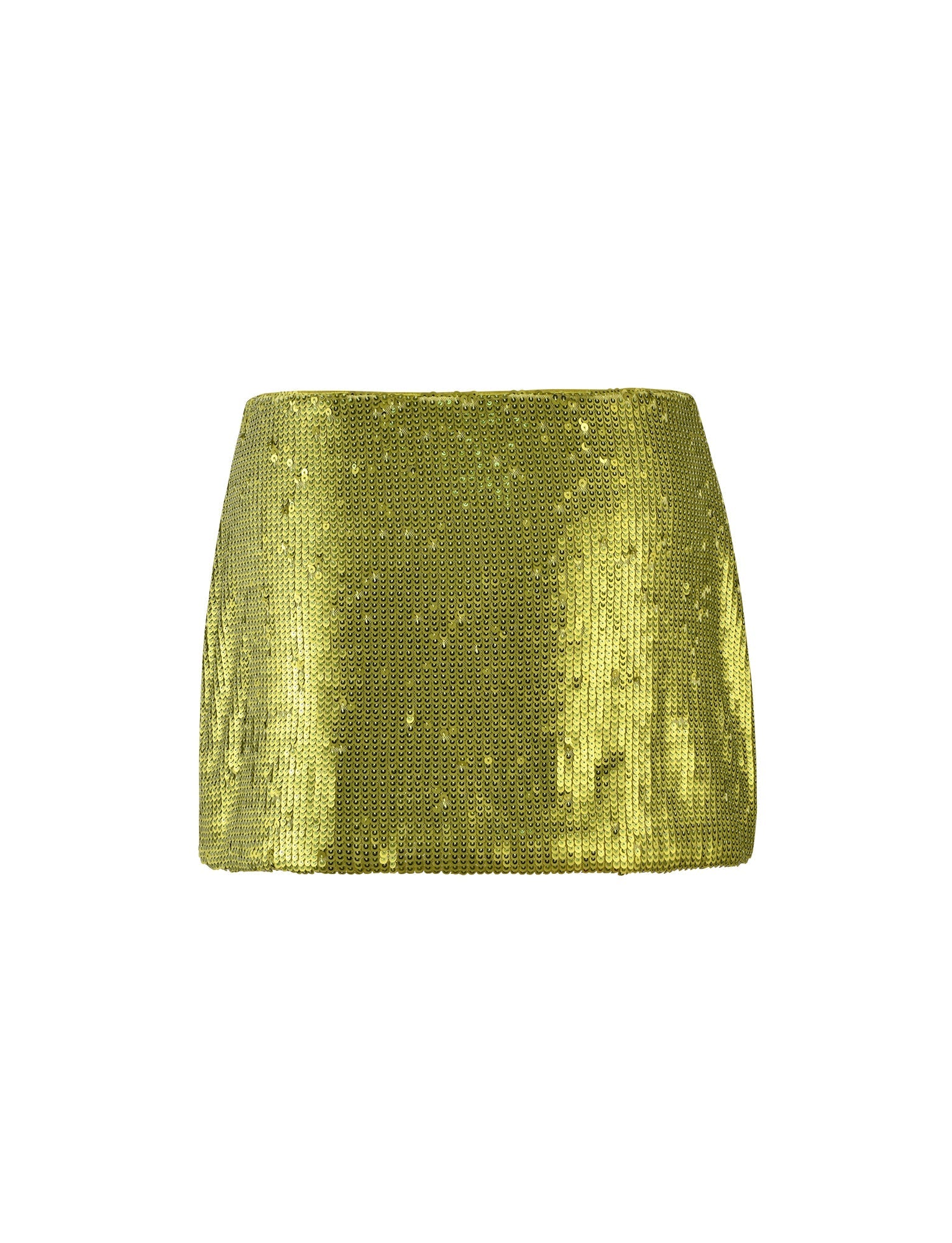 A Kaye Skirt - Green from TIGERMIST, displayed on a plain white background. The green sequin mini skirt has a straight cut with a smooth and shiny appearance, showcasing its vibrant color and sparkly texture.