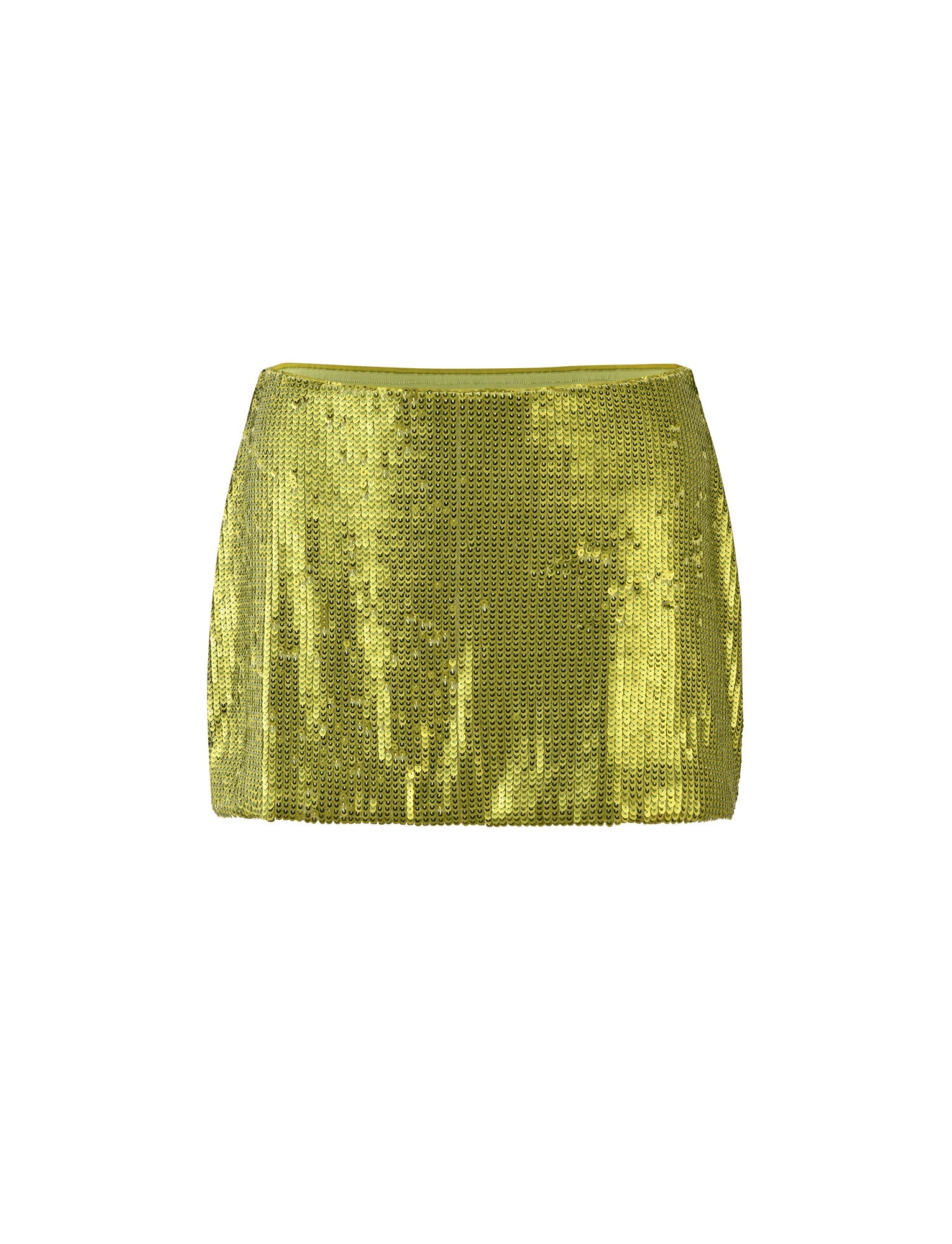 A dazzling green sequin mini skirt from TIGERMIST, known as the KAYE SKIRT - GREEN : GREEN SEQUIN, featuring a textured and reflective surface. The skirt is displayed on a white background and ends above the knee. It boasts a fitted design with no visible patterns or embellishments other than the sequins.