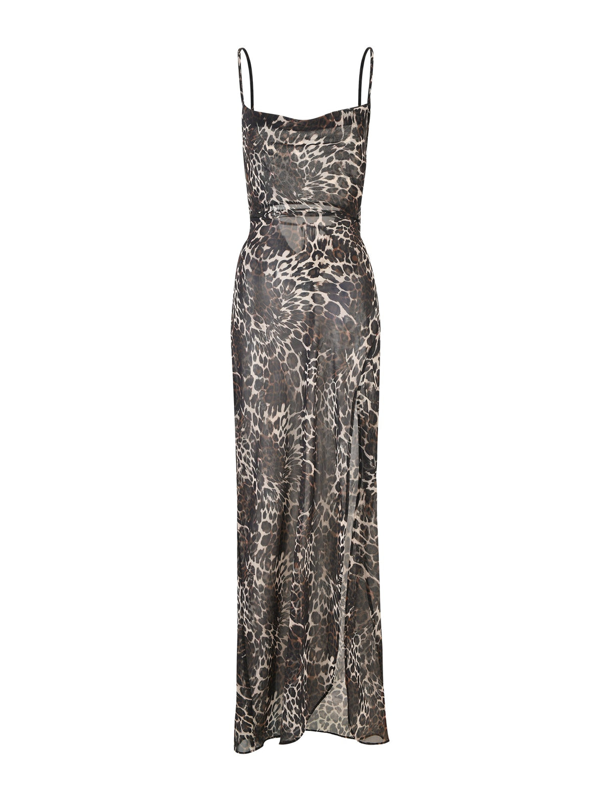 The TYNE DRESS - MULTI : LEOPARD by TIGERMIST is a sleeveless, floor-length dress featuring thin straps and a leopard print pattern. This stylish piece offers a form-fitting bodice with slight draping and a subtle flare towards the hem, showcased in various shades of brown and black.