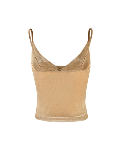 The Gold Wynne Top from TIGERMIST features thin straps and a V-neckline. The ribbed fabric is lightweight and slightly sheer, creating a fitted silhouette against the plain white background.