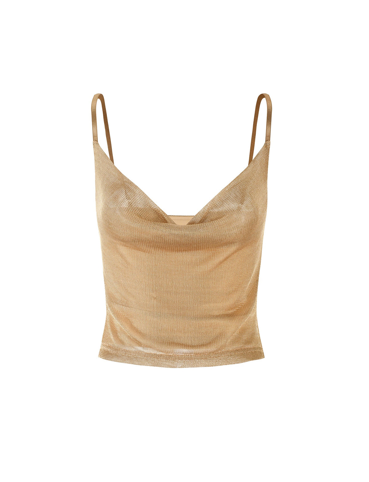 Introducing the WYNNE TOP - GOLD from TIGERMIST, a dazzling gold shimmer tank top featuring thin spaghetti straps, a V-neckline, and a fitted silhouette. The lightweight fabric boasts a slight texture that lends it a subtle sheen.