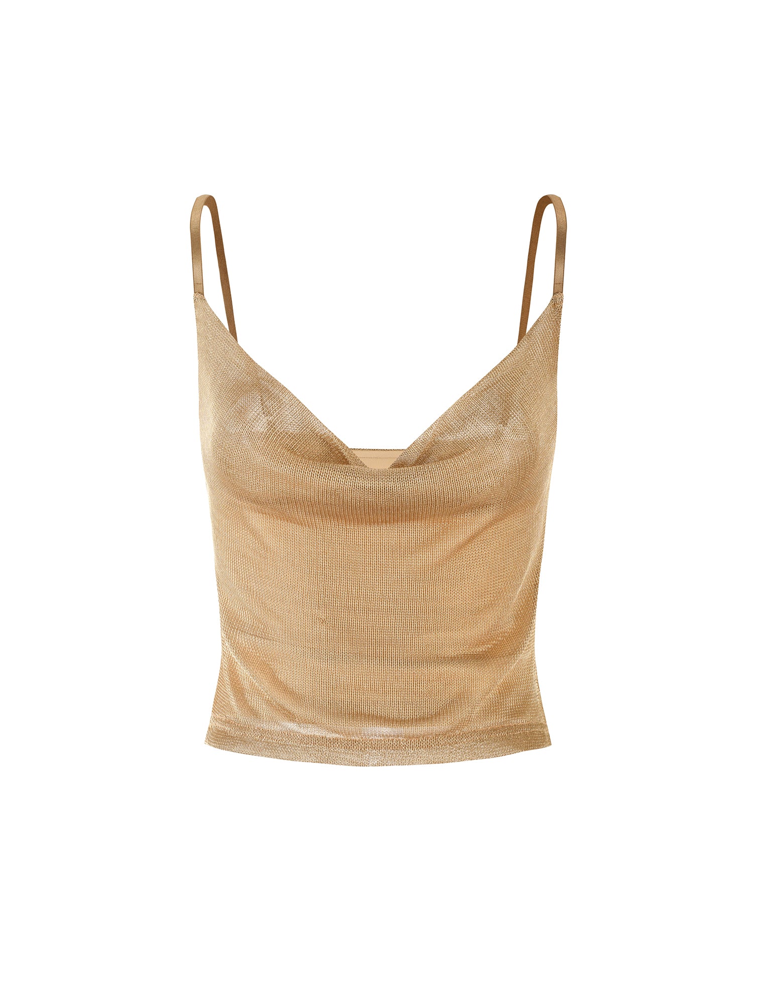 Introducing the WYNNE TOP - GOLD from TIGERMIST, a dazzling gold shimmer tank top featuring thin spaghetti straps, a V-neckline, and a fitted silhouette. The lightweight fabric boasts a slight texture that lends it a subtle sheen.