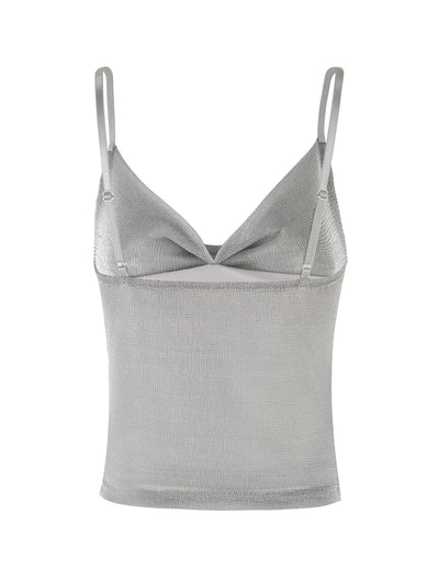 The WYNNE TOP - GREY : SILVER from TIGERMIST is a gray sleeveless camisole featuring thin adjustable shoulder straps and a V-shaped neckline. The lightweight fabric has a slightly textured surface, while the straight bottom hem and fitted silhouette enhance your figure, offering a simple yet elegant design.