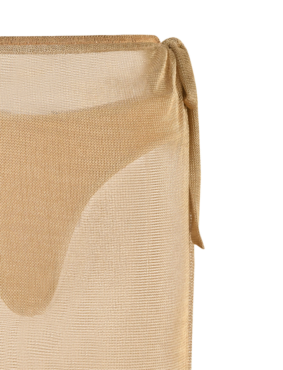 A close-up of the TIGERMIST WYNNE SKIRT in gold, a beige semi-sheer mesh wrap with a low-rise waist, side tie, and matching underwear visible beneath. The lightweight, subtly shimmering fabric creates an effortlessly chic look.