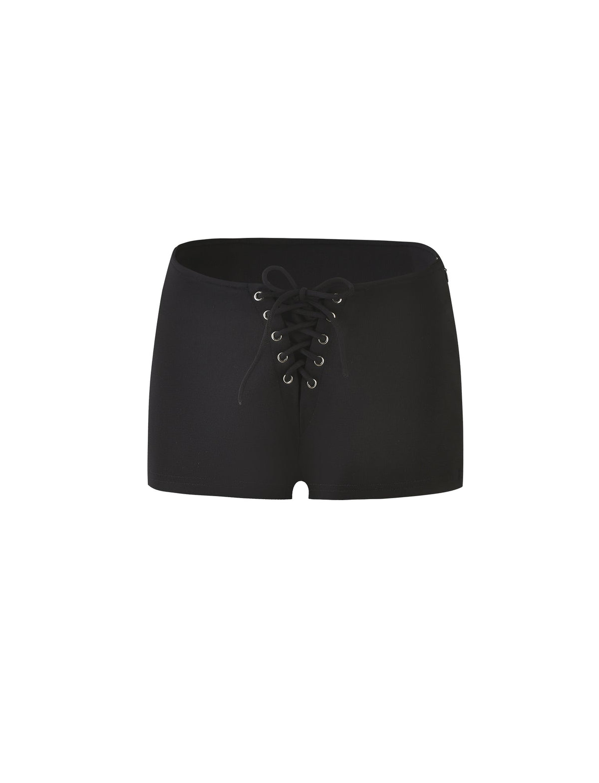 Description: The ELERI SHORT - BLACK by TIGERMIST features a high-waisted design, lace-up front detail, and bodycon silhouette.
