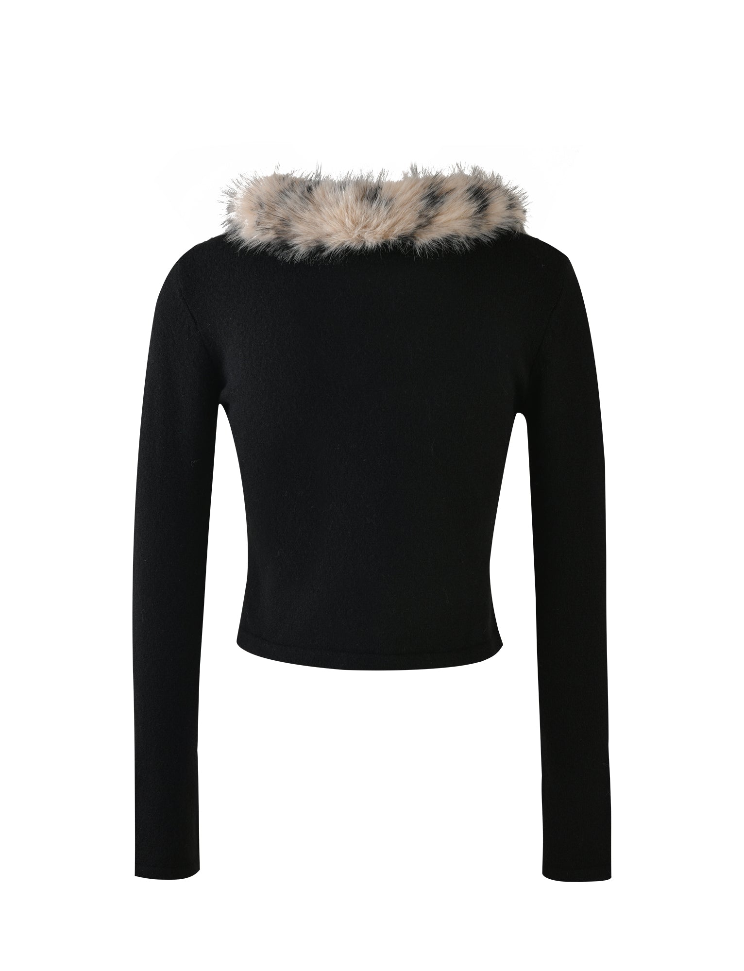 The DARJA CARDIGAN - BLACK by TIGERMIST features long sleeves, a cropped fit, and a fluffy faux fur collar with white, black, and gray speckles. The sweater is displayed against a plain white background.