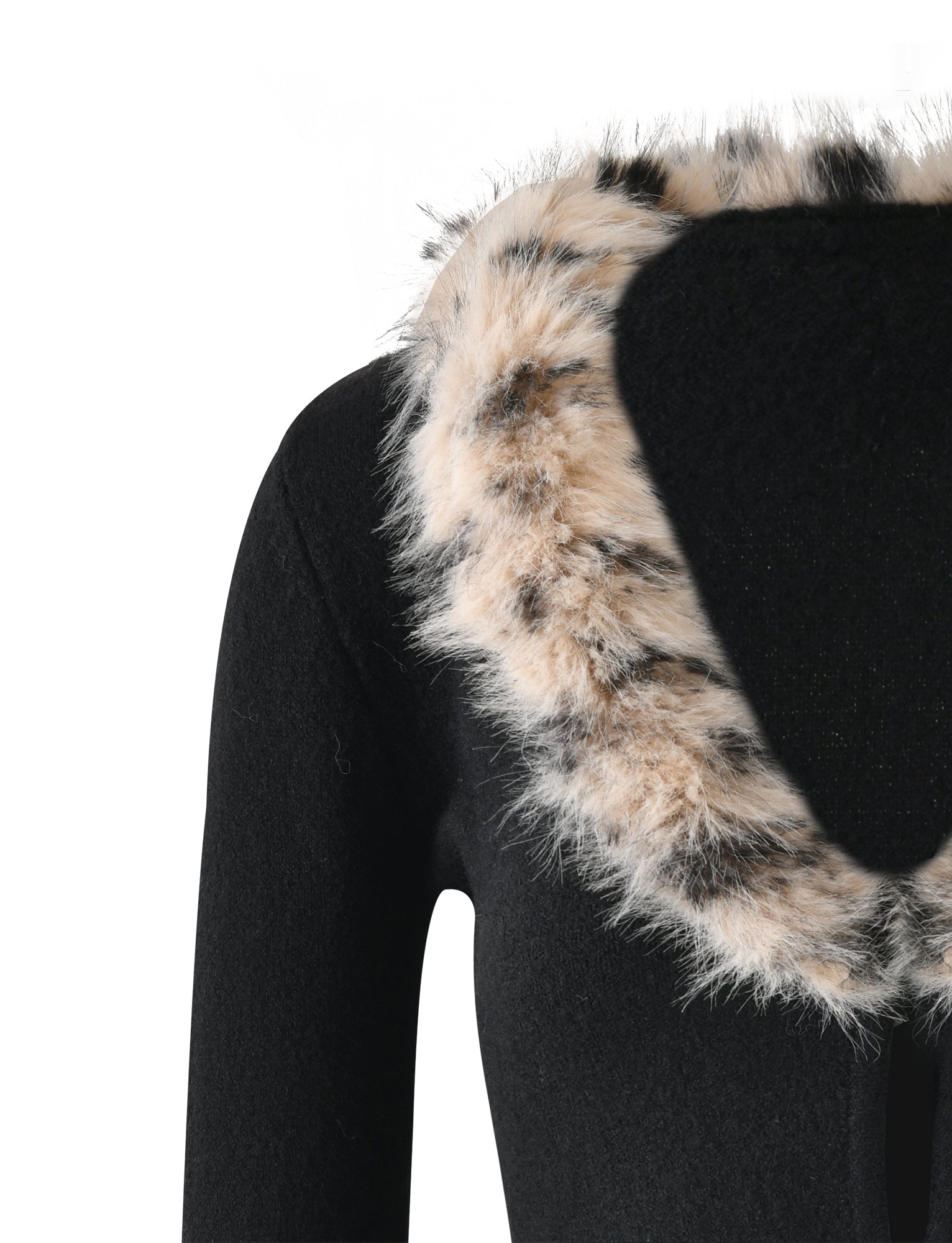 A close-up of TIGERMIST's DARJA CARDIGAN in black, featuring a beige and black faux fur trim around the hood. Only the upper shoulder area and part of the hood are visible against a white background.