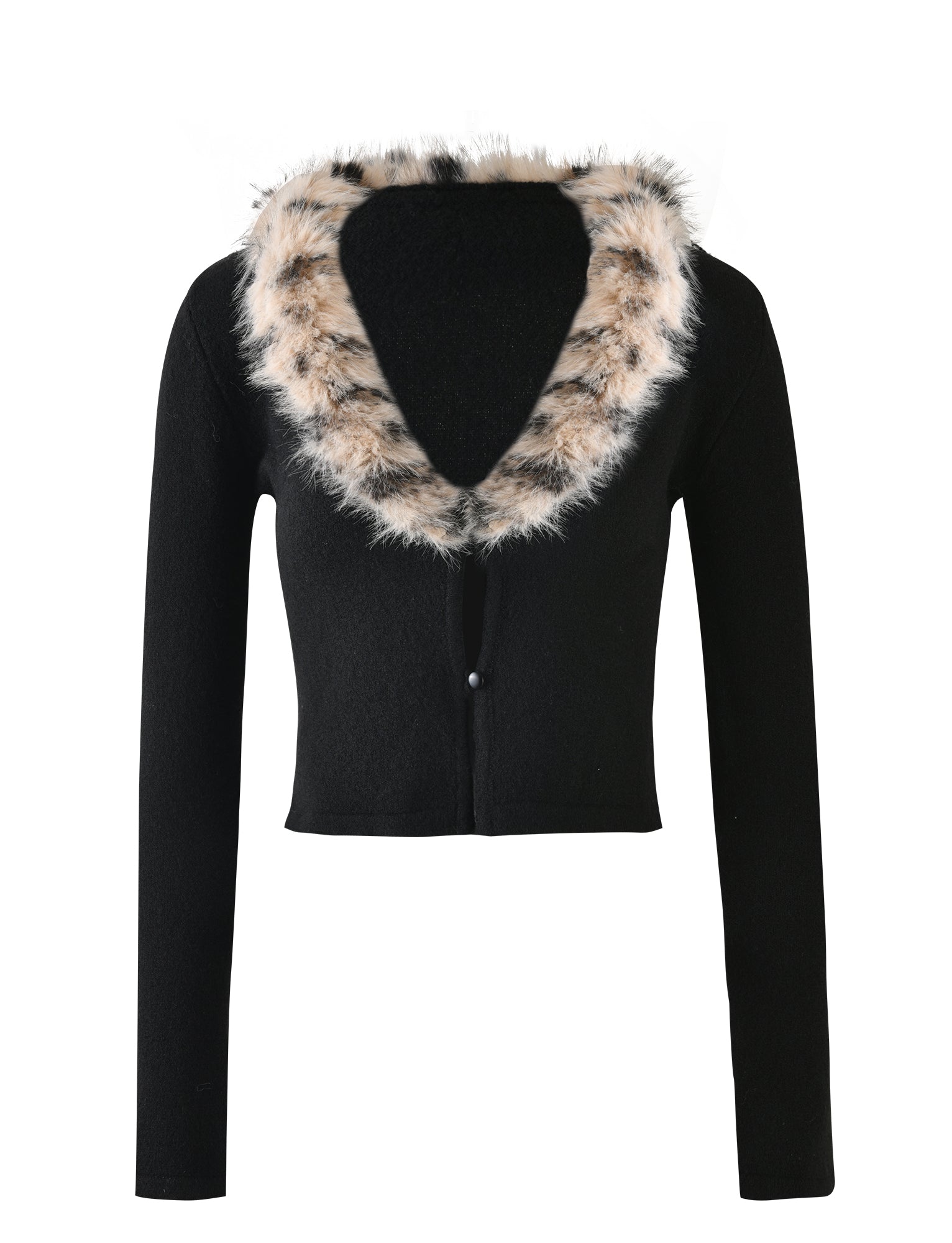 The DARJA CARDIGAN - BLACK from TIGERMIST is a black long-sleeved crop top featuring a deep V-neck collar. It is adorned with a thick, fluffy faux fur trim in a white and black spotted pattern and has a single button closure at the front.