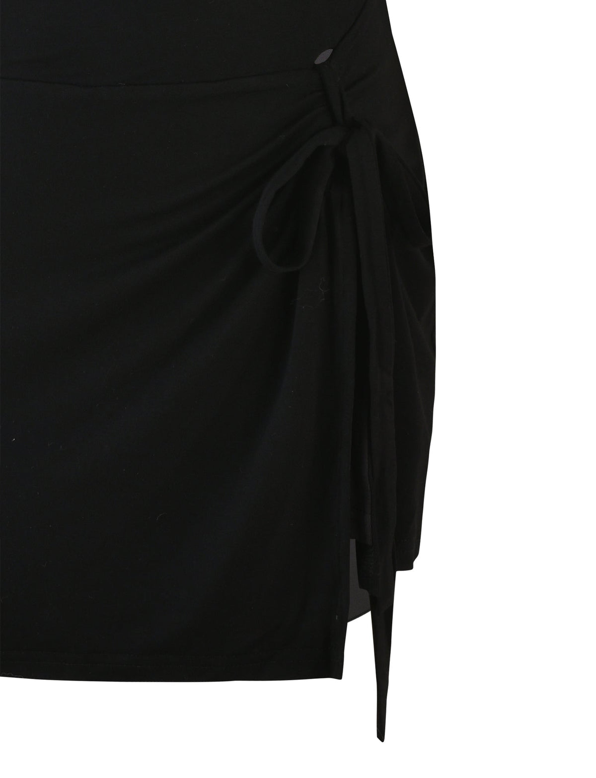 The KADENCE DRESS in Black by TIGERMIST is a stylish piece featuring a gathered, ruched design on the side, tied with an elegant long bow or knot. The slightly draped fabric adds texture and dimension to the garment. With its sleek, form-fitting silhouette and high split, it effortlessly combines elegance and allure.