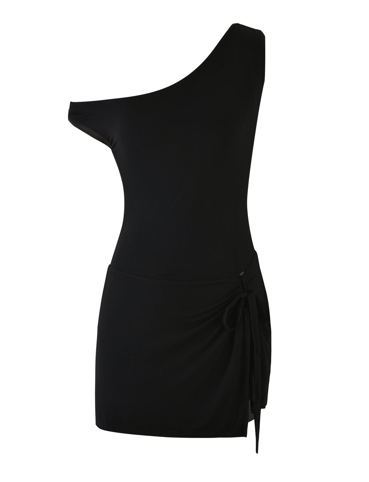 Introducing the KADENCE DRESS - BLACK by TIGERMIST: This chic one-shoulder dress boasts a fitted silhouette and is crafted from soft, stretchy material for ultimate comfort. It features a unique decorative tie detail on the hip, adding an asymmetrical flair to its design. The short dress is finished with a high split, ensuring you make a stylish statement for any occasion.