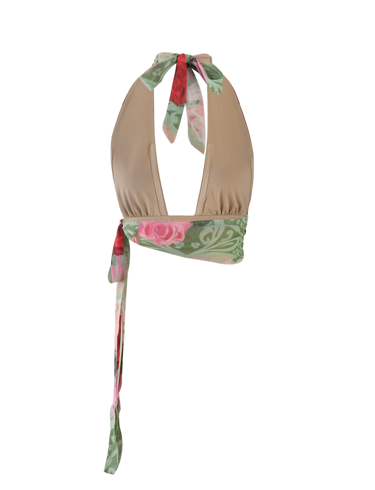 The FLORIAN TOP - MULTI : MACRO FLORAL : SUMMER ROSE by TIGERMIST is a stylish bikini top featuring a halter neck design. The top is predominantly beige with floral-patterned straps in shades of green, pink, and red. The floral straps tie around the neck and back, adding a vibrant touch to the minimalistic design.
