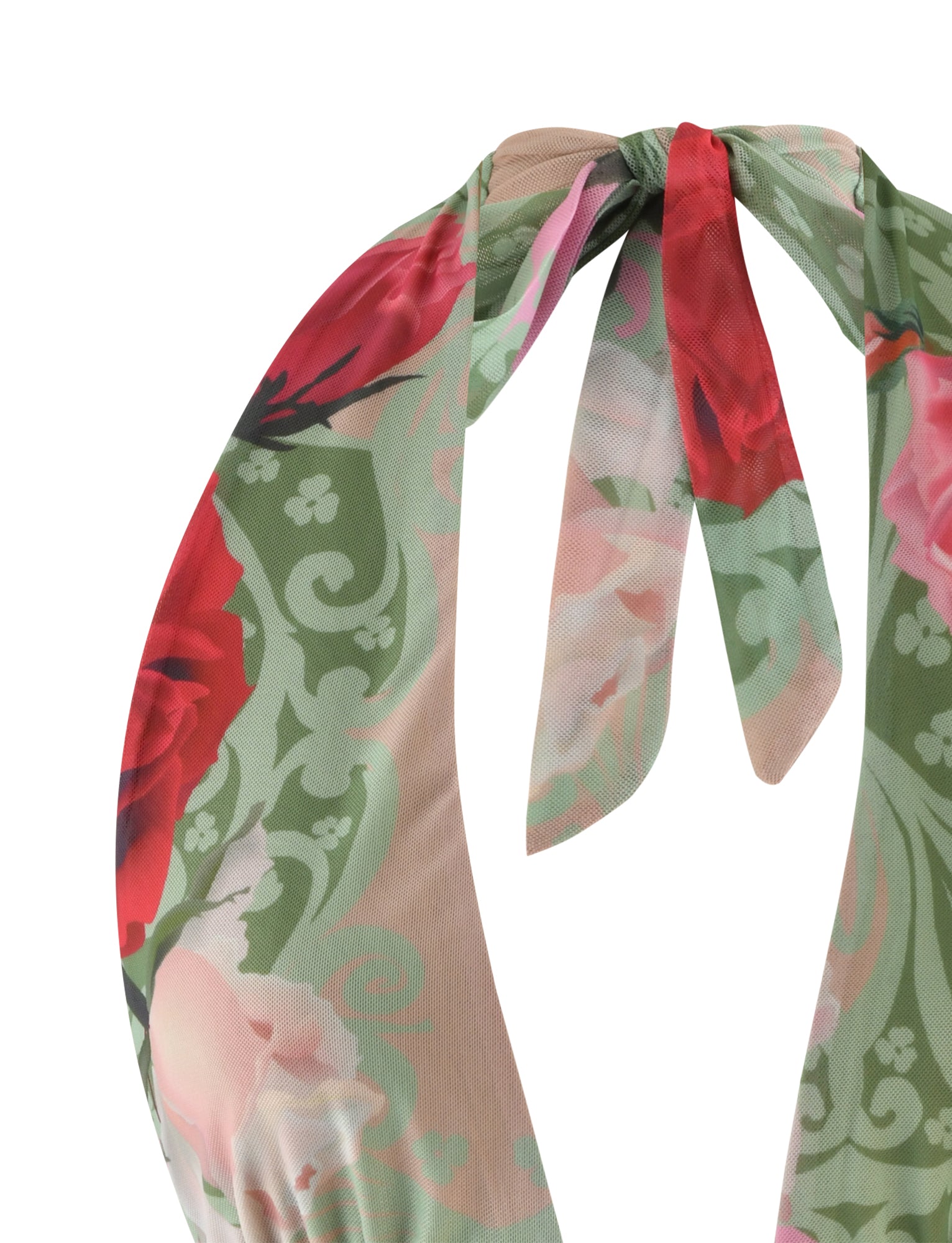 A close-up of the FLORIAN TOP - MULTI : MACRO FLORAL : SUMMER ROSE from TIGERMIST shows a knot at the top. The fabric features an intricate pattern of red and pink flowers, green leaves, and decorative swirls on a light background. The tied fabric creates a halter neck style, indicating it is part of a garment or accessory.