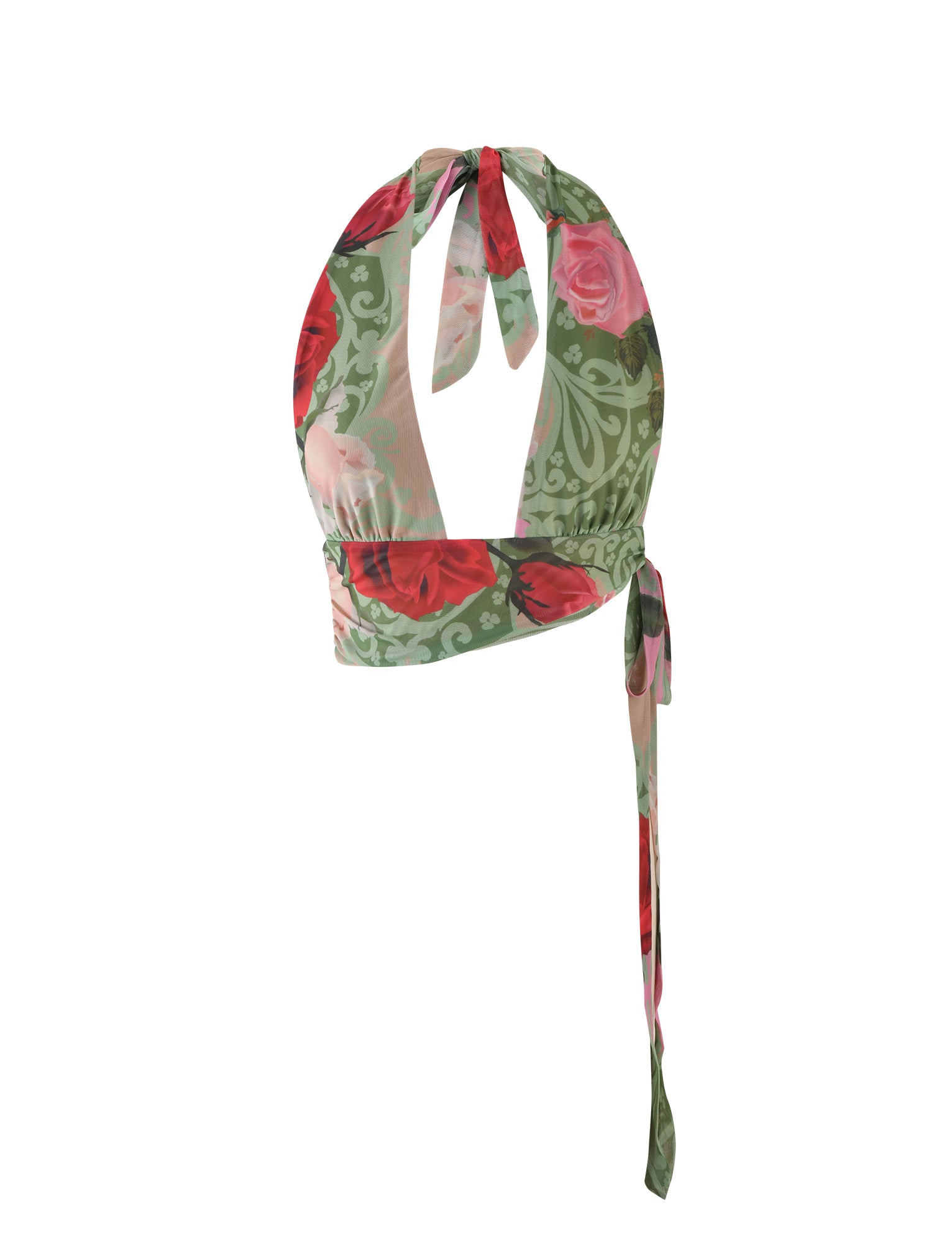 The FLORIAN TOP - MULTI : MACRO FLORAL : SUMMER ROSE by TIGERMIST is a halter top adorned with a floral pattern of red and pink roses set against a green background. It features tie closures at the neck and midriff, giving it a stylish wraparound design. The lightweight fabric makes it perfect for warm weather.