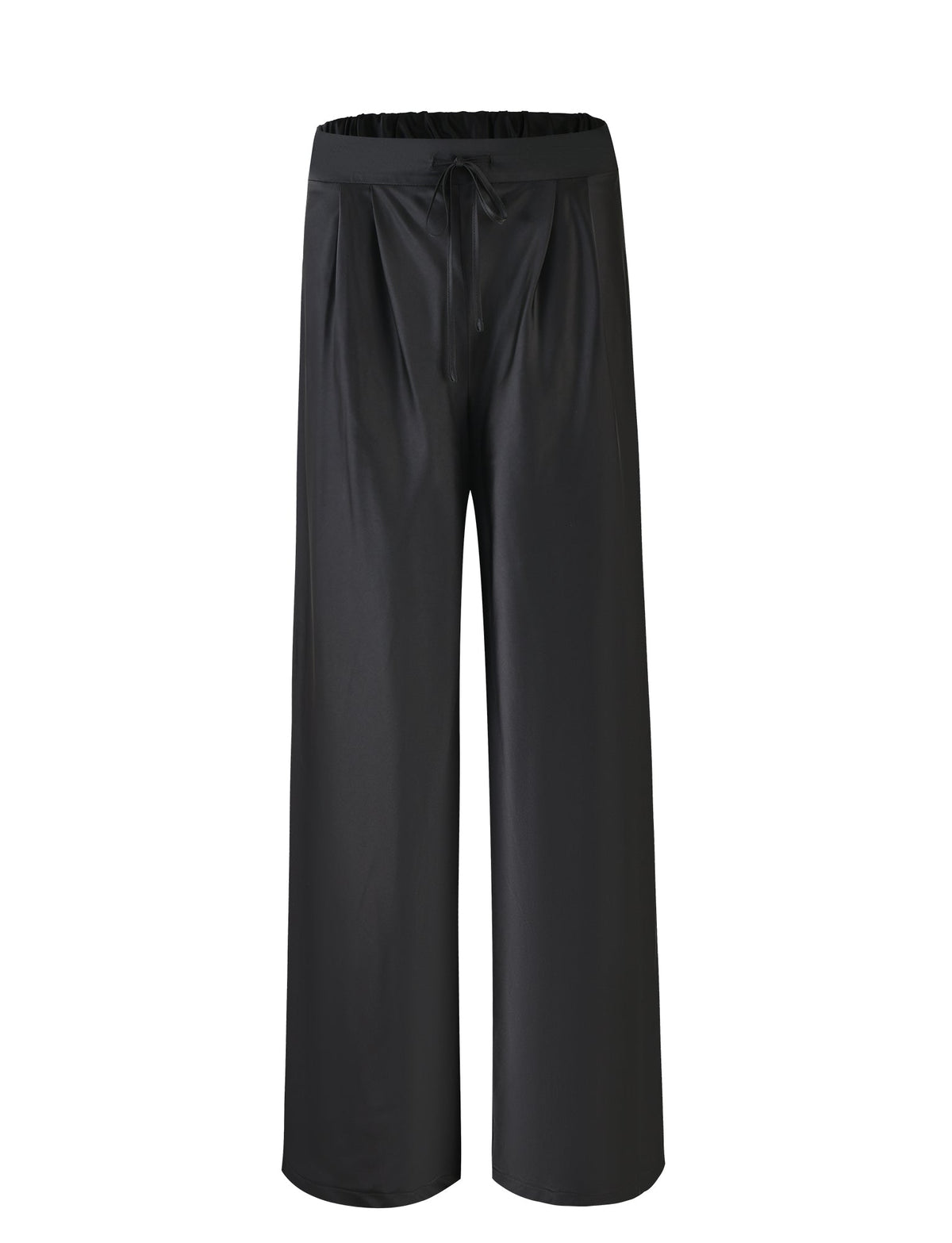 The ALINA PANT - BLACK from TIGERMIST features an elastic waistband and a drawstring tie at the front. The fabric appears sleek and flowy, with subtle pleats at the top.