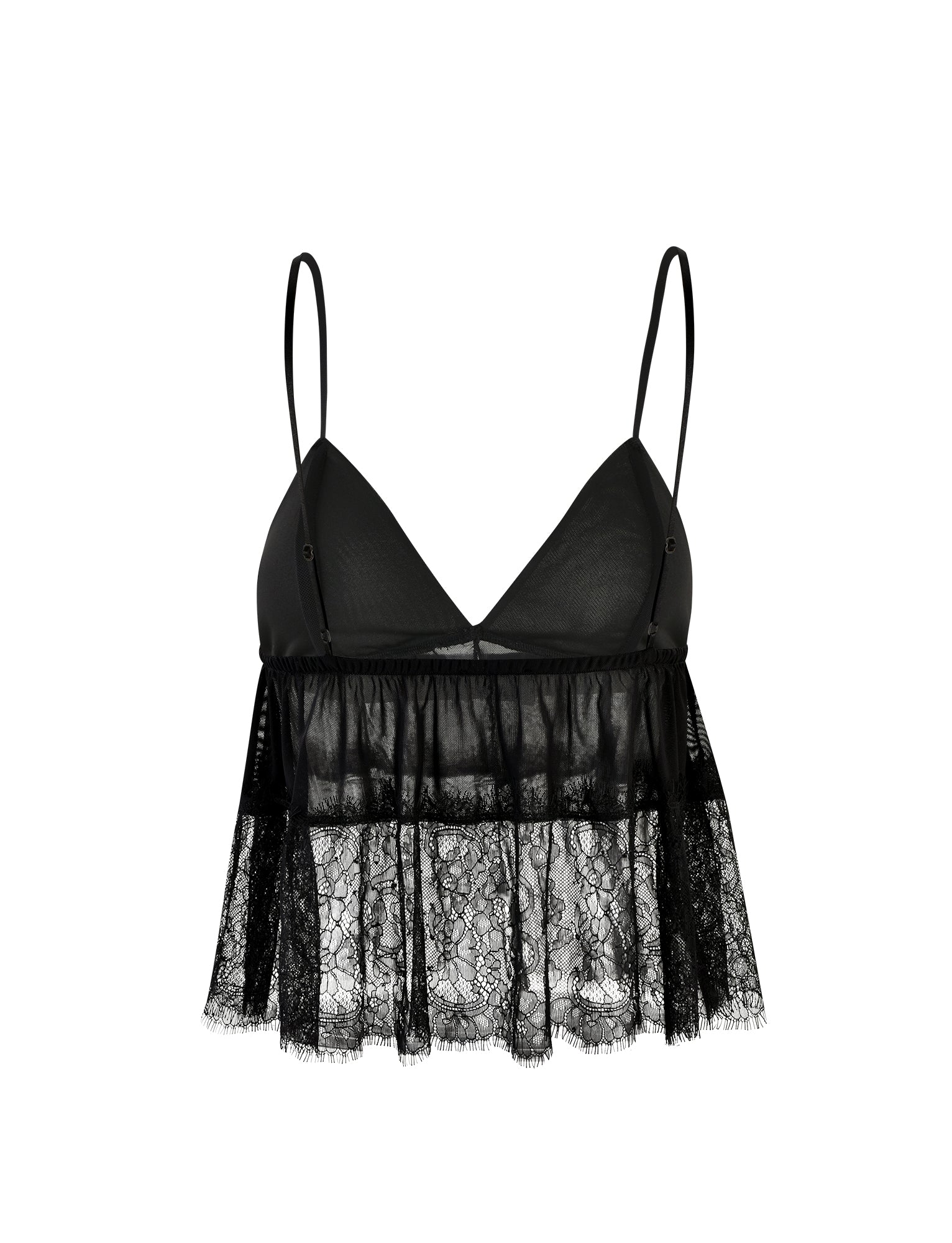 The SINGE TOP - BLACK from TIGERMIST is a black, sheer lace bralette with thin adjustable straps. It features a soft triangle cup design and a lacy, scalloped hem on a slightly flared bottom.