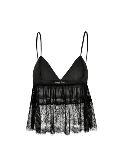 The SINGE TOP - BLACK from TIGERMIST is a black, sheer lace bralette with thin adjustable straps. It features a soft triangle cup design and a lacy, scalloped hem on a slightly flared bottom.
