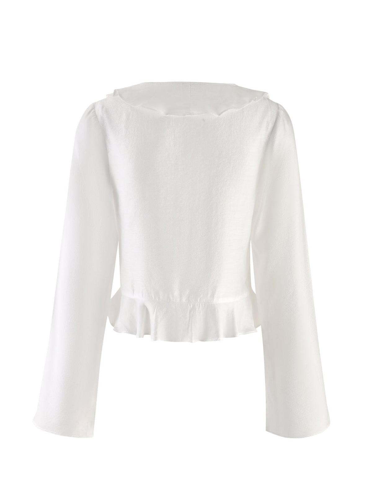Introducing the CORVIN TOP - WHITE from TIGERMIST. This white long-sleeve blouse features a boat neckline and a ruffled hemline. The fabric is lightweight and smooth, offering a slightly loose fit. Straight sleeves extend down to the wrists, contributing to its simple yet elegant design that suits various occasions perfectly.