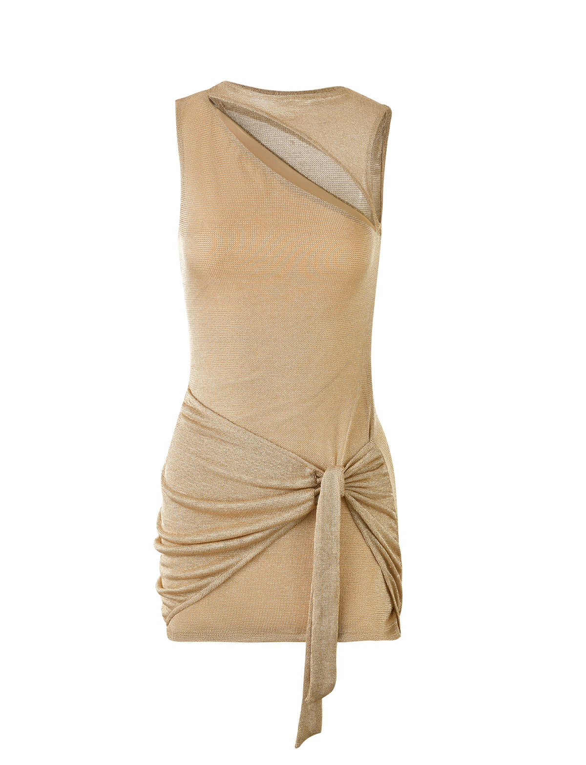 The AZELMA DRESS - GOLD by TIGERMIST is a sleeveless mini dress featuring a metallic knit, asymmetric bust cutout, gathered side, front waist tie, fitted silhouette, and shimmering fabric for a standout look.