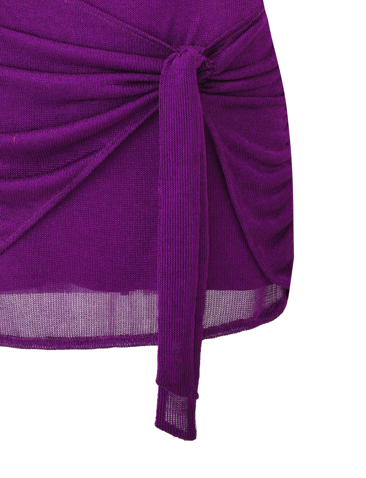 Close-up of the AZELMA DRESS in purple by TIGERMIST, featuring a fitted ribbed silhouette with a front tie knot, ruched detailing, and a slightly sheer cropped hem. Only part of the dress is visible in the image.
