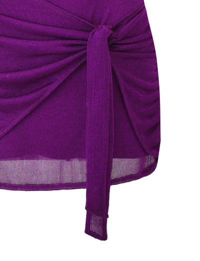 Close-up of the AZELMA DRESS in purple by TIGERMIST, featuring a fitted ribbed silhouette with a front tie knot, ruched detailing, and a slightly sheer cropped hem. Only part of the dress is visible in the image.