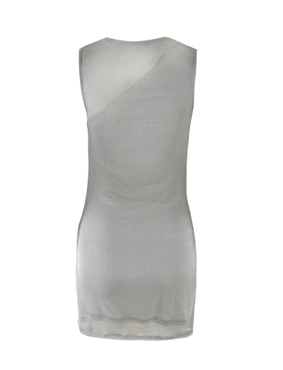 The sleeveless TIGERMIST AZELMA DRESS - SILVER features a semi-sheer metallic knit, simple straight cut, minimal detailing, and subtle sarong-style skirt elements, shown from the back.