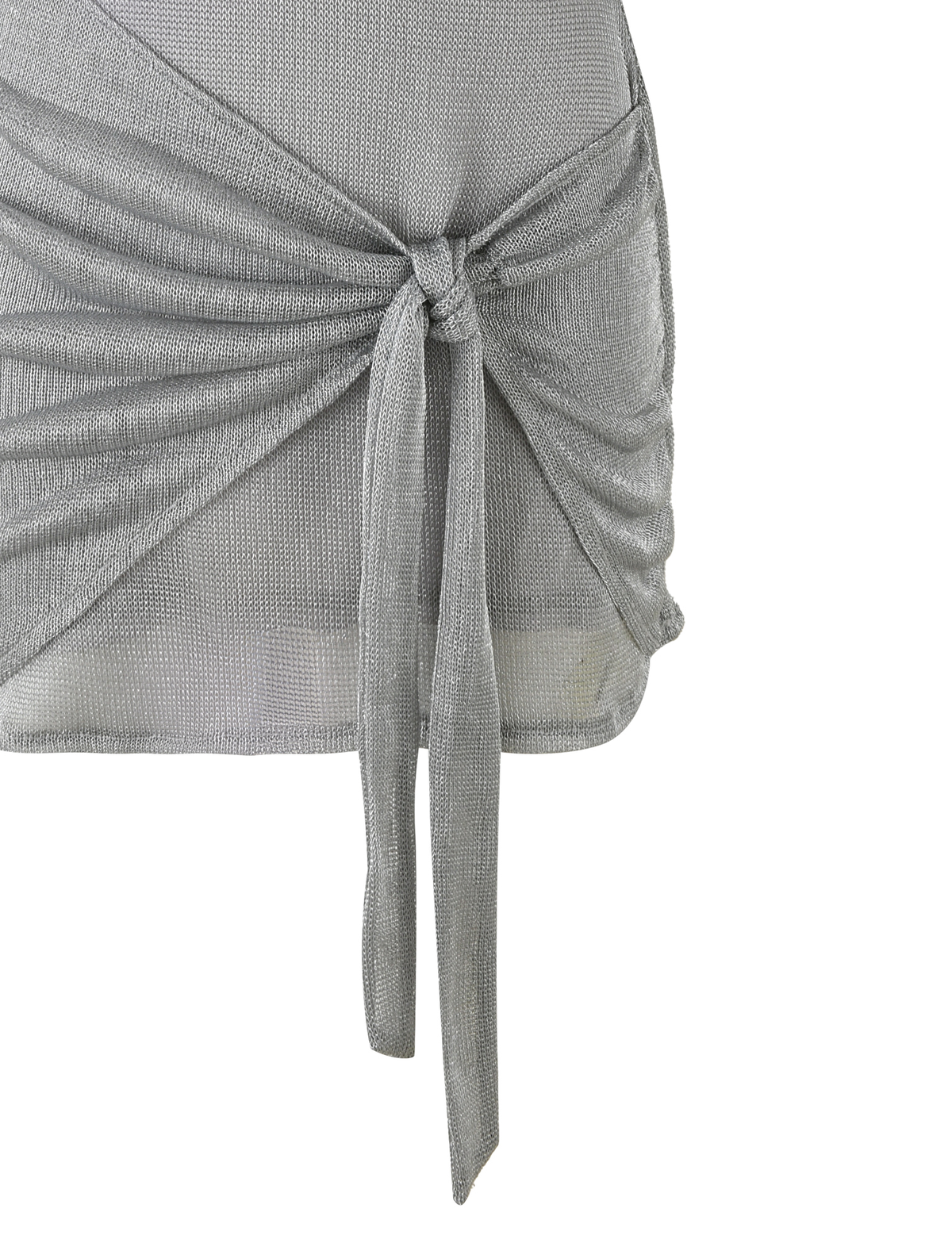 A close-up of the AZELMA DRESS - SILVER by TIGERMIST, showcasing its silver metallic knit texture, front waist tie detail, draped fabric, and slightly sheer look.