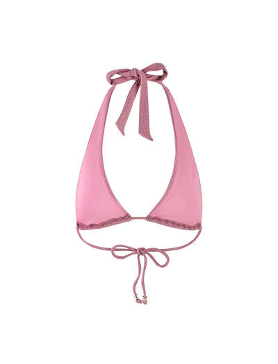 A TIGERMIST MARIEL BIKINI TOP - PINK SPARKLE features a pink halter design with ties at the neck and back, forming a decorative bow. This bikini top has triangle-shaped cups and an elegant, minimalistic look, making it perfect for swimwear.