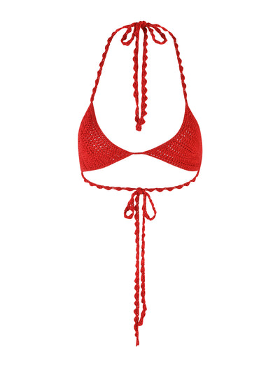 The TIGERMIST Meliora Bikini Top in Berry Red features a vibrant red hue with a halter neck and tie-back design. Its intricate crochet fabrication is beautifully complemented by thick, braided straps that can be adjusted for a custom fit. This fixed triangle bikini top offers an unlined, minimalistic, and chic aesthetic.