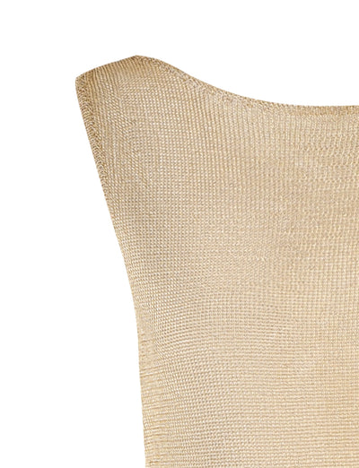 Close-up of the upper section of a gold sleeveless knitted dress from Tiger Mist. The fabric has a textured, woven appearance, and the neckline curves gently. The image focuses on the fine details of the stitching and the texture of the material.