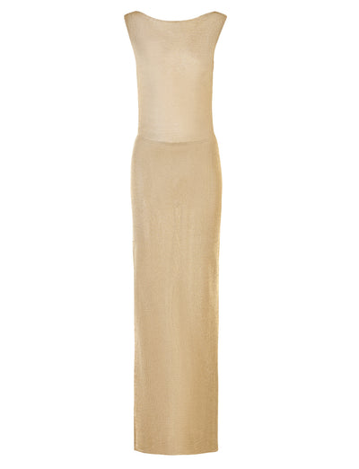 The ZAELA DRESS - GOLD from TIGERMIST is a sleeveless, floor-length gown featuring a boat neckline and a form-fitting silhouette. The gold mesh fabric is slightly sheer and has a subtle shimmer, giving it an elegant and contemporary look.