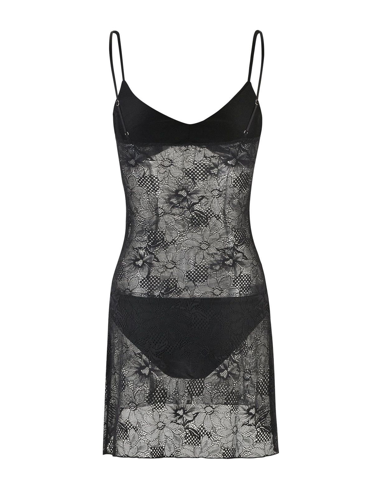 Introducing the SASKIA DRESS - BLACK from TIGERMIST, a stunning sheer lace slip dress featuring thin shoulder straps. This elegant piece showcases an intricate floral lace pattern and is designed with a partially opaque solid black upper bodice and matching panties.