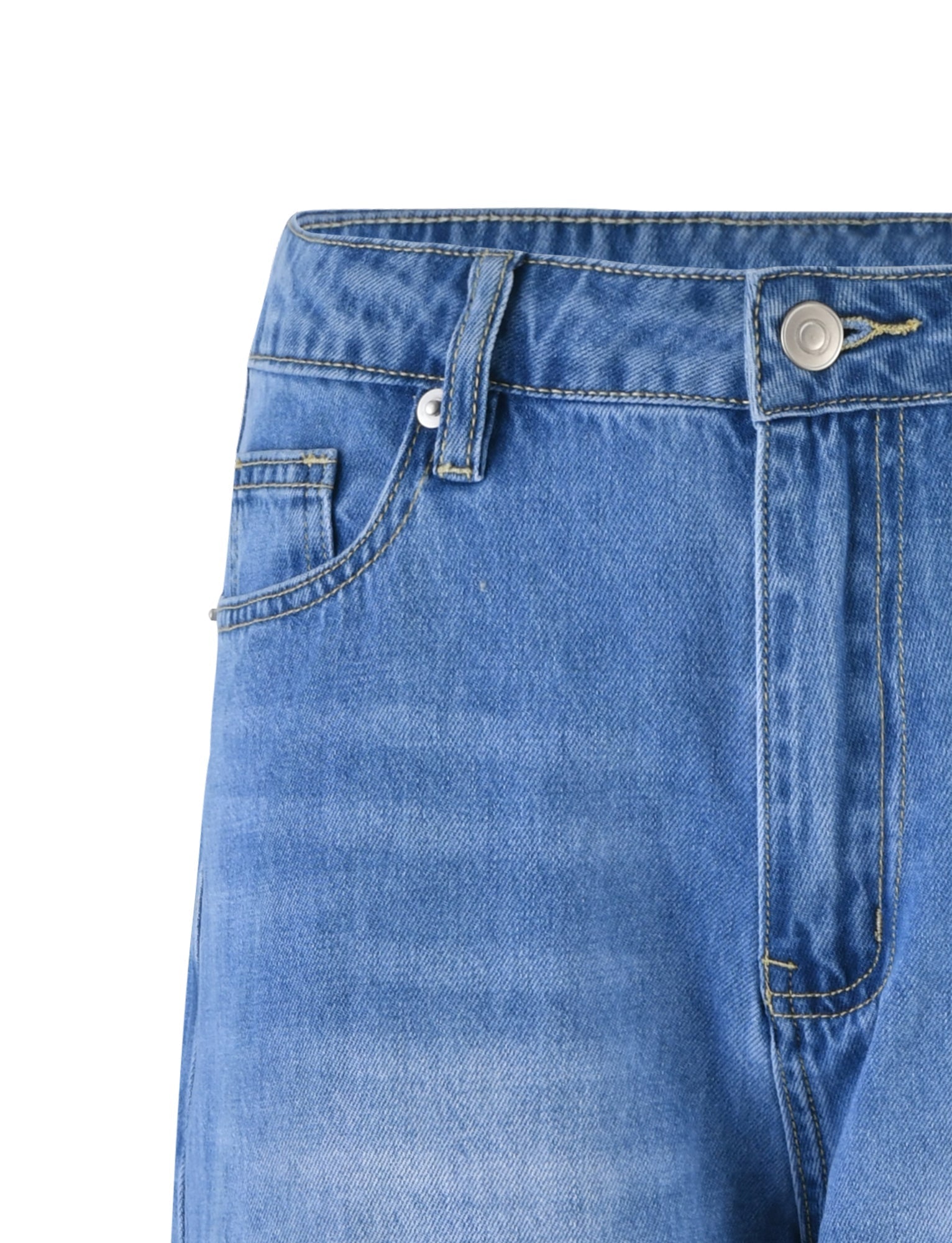 A close-up of the top part of AVEREE JEAN - BLUE : MID WASH from TIGERMIST with a visible metal button, belt loops, coin pocket, and part of the front pocket seams. The light wash fabric creates a slightly faded appearance. The background is plain white.