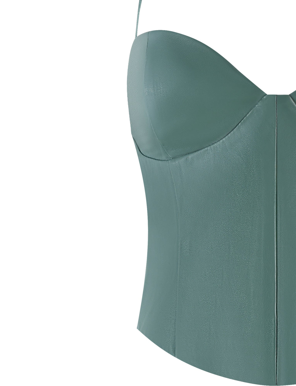 The MCKAY TOP - GREEN by TIGERMIST is a sleek, light green bustier top featuring thin spaghetti straps. It has a seam down the center front and a fitted design that accentuates the waist. The material appears smooth and slightly shiny, giving it a sophisticated look.