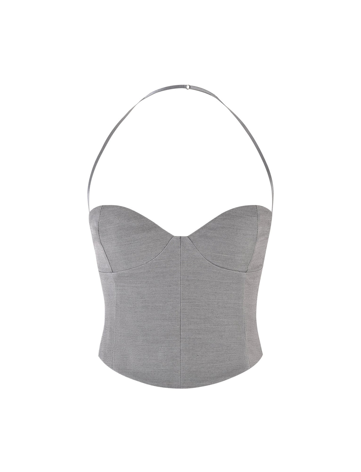 TIGERMIST's MCKAY TOP - GREY is a strapless top featuring a sweetheart neckline, tailored bodice, curved hem, and an adjustable halter neck strap. Its smooth, fitted fabric is designed to accentuate the waist for a sleek and modern look.