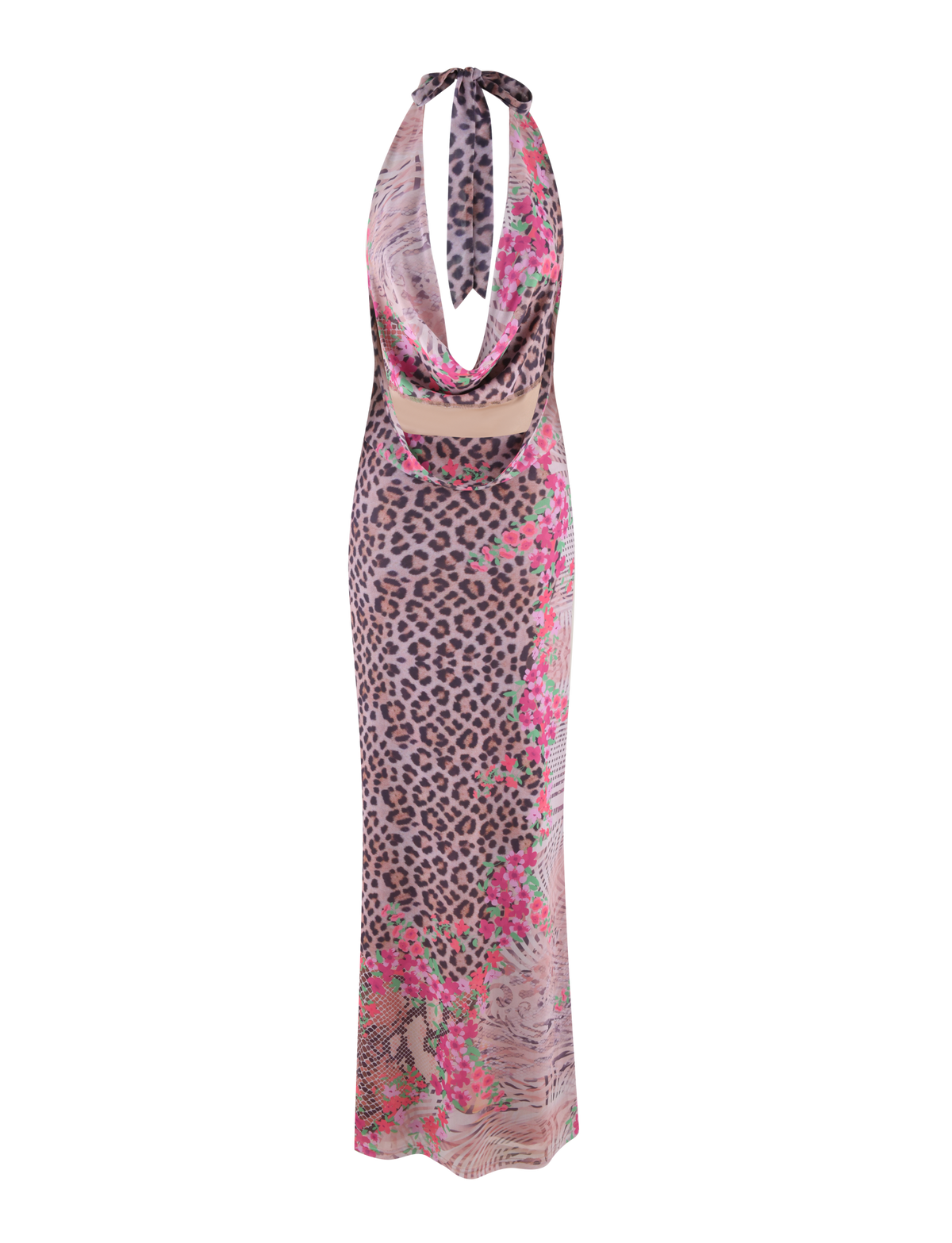 The TIGERMIST CATALINA MAXI DRESS - NEUTRAL features a sleeveless halter design, animal floral border print, a midriff cutout, and a fitted, slightly sheer silhouette.