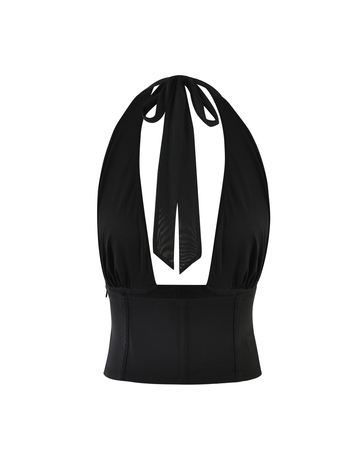 The JANECE TOP - BLACK by TIGERMIST is a black halter crop top with a deep V-neck, neck tie, and fitted waist in a bodycon silhouette, shown against a plain white background.