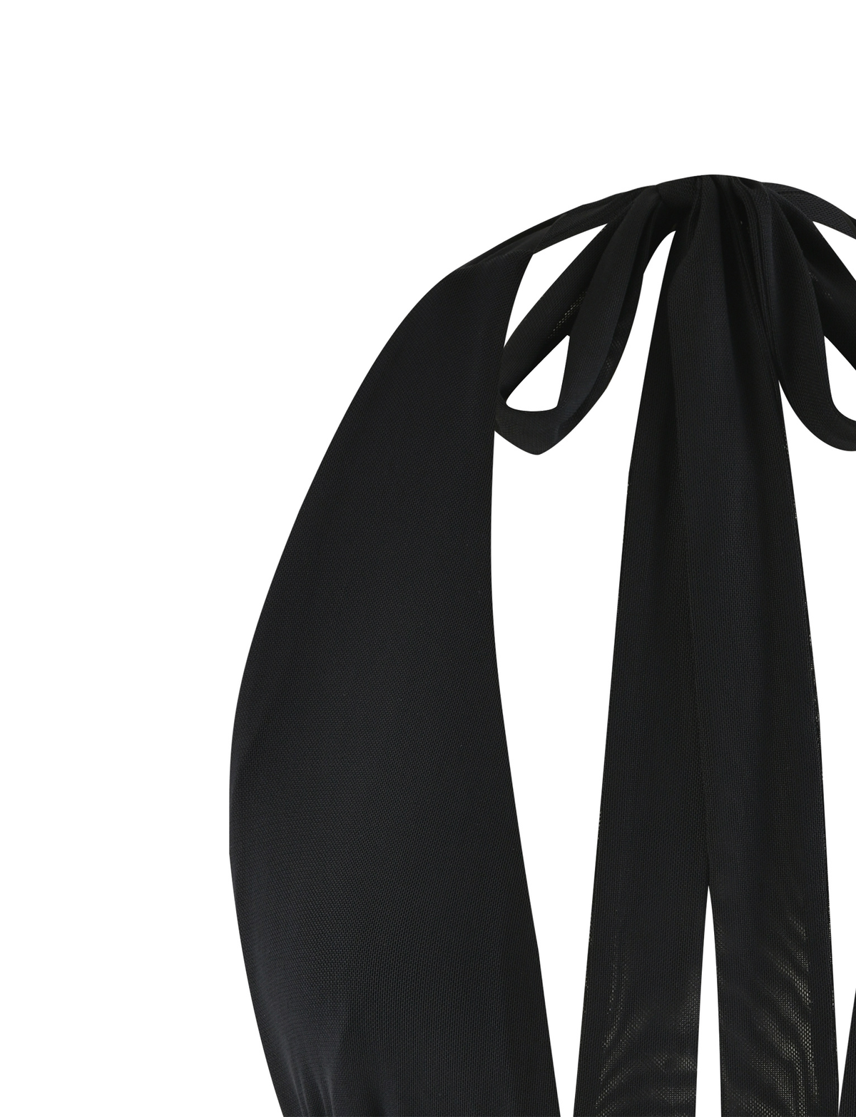 Close-up of the upper back of the TIGERMIST JANECE TOP - BLACK, showing two wide halter straps tied in a bow at the neck and a bodycon fit, set against a plain white background.