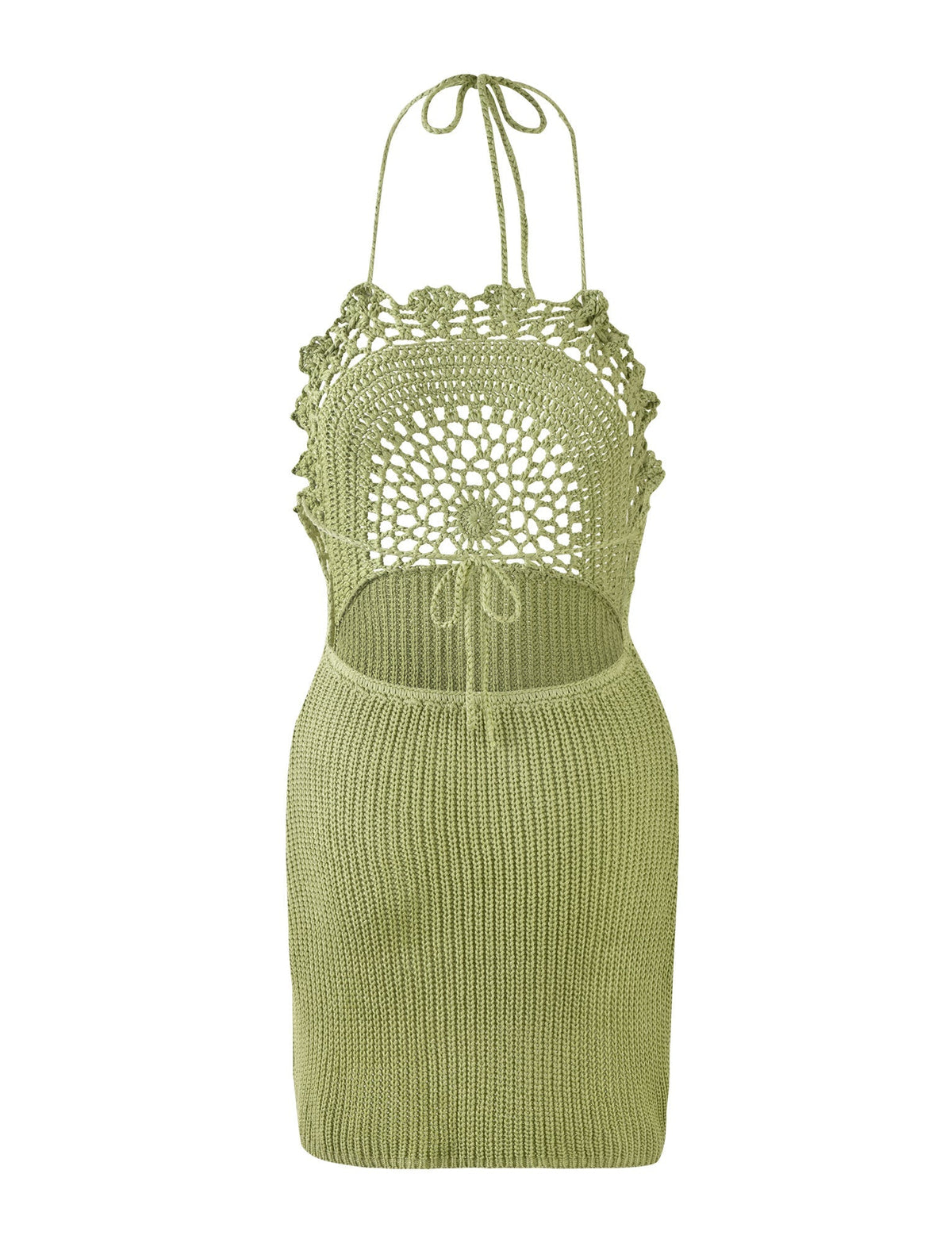 The MACELINE DRESS - GREEN from TIGERMIST is a hand-crocheted dress featuring a halter neck. The top boasts an intricate, circular crochet pattern accented with floral designs, and the bottom showcases a loose knit. It has an open back with a tie closure and a fitted shape.