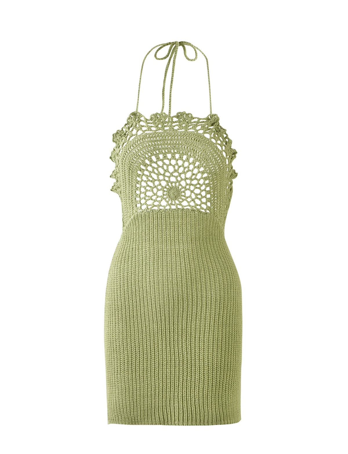 The MACELINE DRESS - GREEN by TIGERMIST is a light green crochet halter neck dress adorned with intricate openwork detailing on the chest and a solid knit pattern on the skirt. It ties at the neck with thin straps and boasts a form-fitting silhouette.