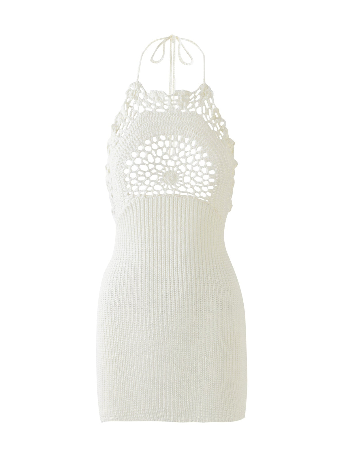 The Maceline Dress in white by TigerMist is a stunning halter dress with intricate lace detailing on the bodice and a ribbed texture on the skirt. Reminiscent of TigerMist's bold style, this fitted dress features a tie at the neckline.