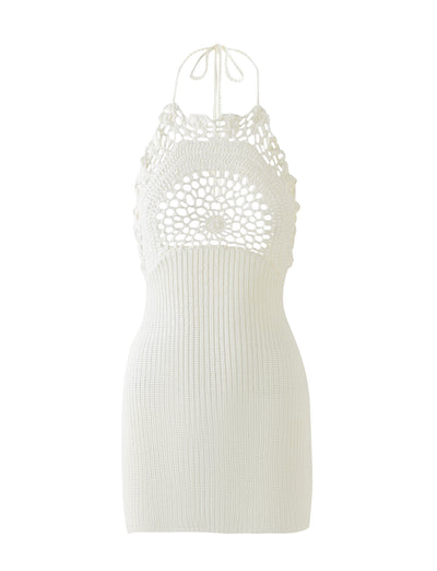 The Maceline Dress in white by TigerMist is a stunning halter dress with intricate lace detailing on the bodice and a ribbed texture on the skirt. Reminiscent of TigerMist's bold style, this fitted dress features a tie at the neckline.
