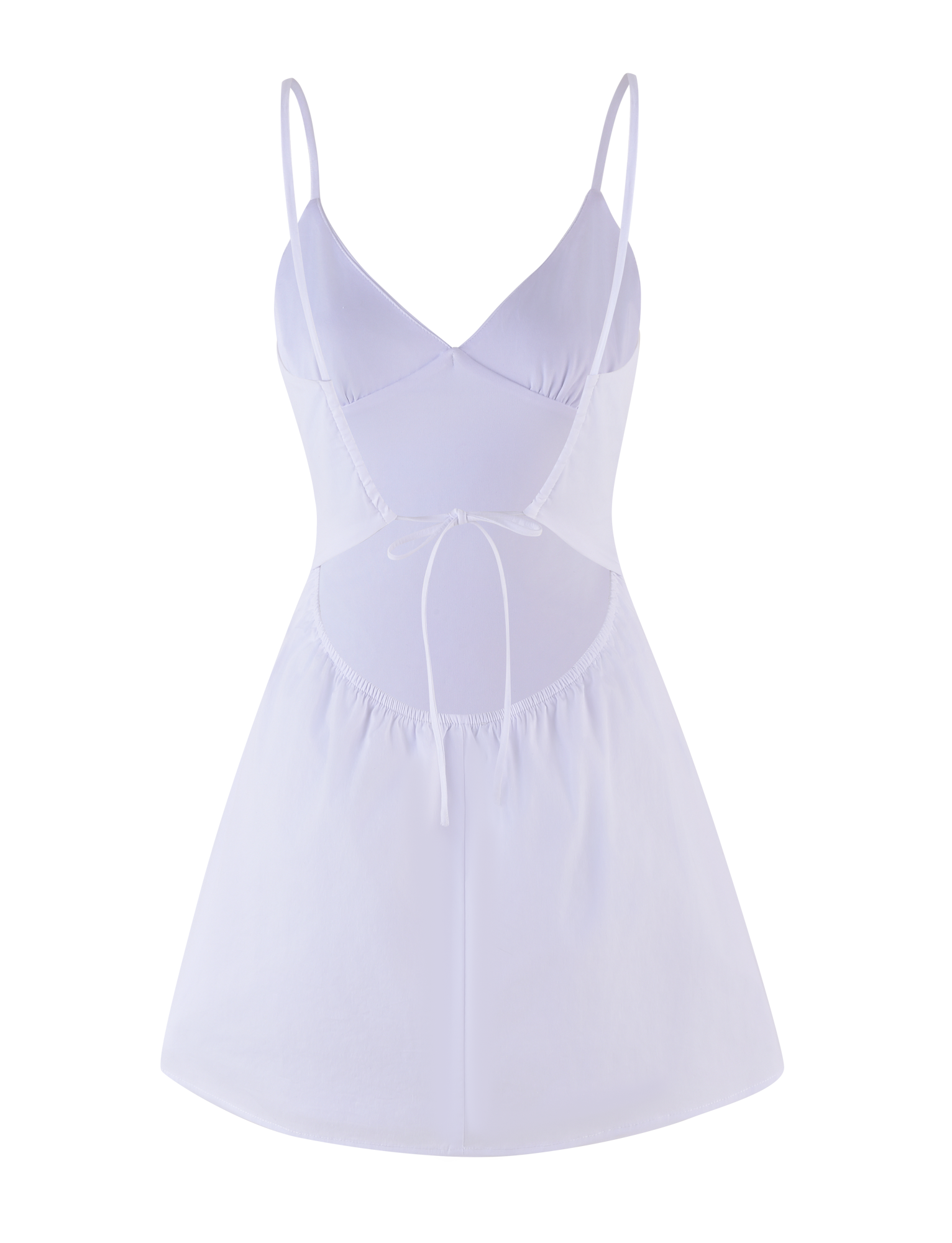 The WINNIE MINI DRESS in white by TIGERMIST features adjustable shoulder straps, a fitted crisscross bodice, cutout sides, an open back, and a tied waist bow.
