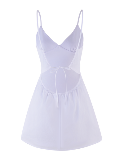 The WINNIE MINI DRESS in white by TIGERMIST features adjustable shoulder straps, a fitted crisscross bodice, cutout sides, an open back, and a tied waist bow.